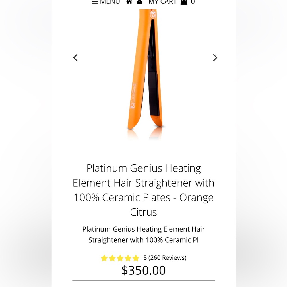 ROYALE platinum 1.25” ceramic plates straightening iron in “citrus orange” $350